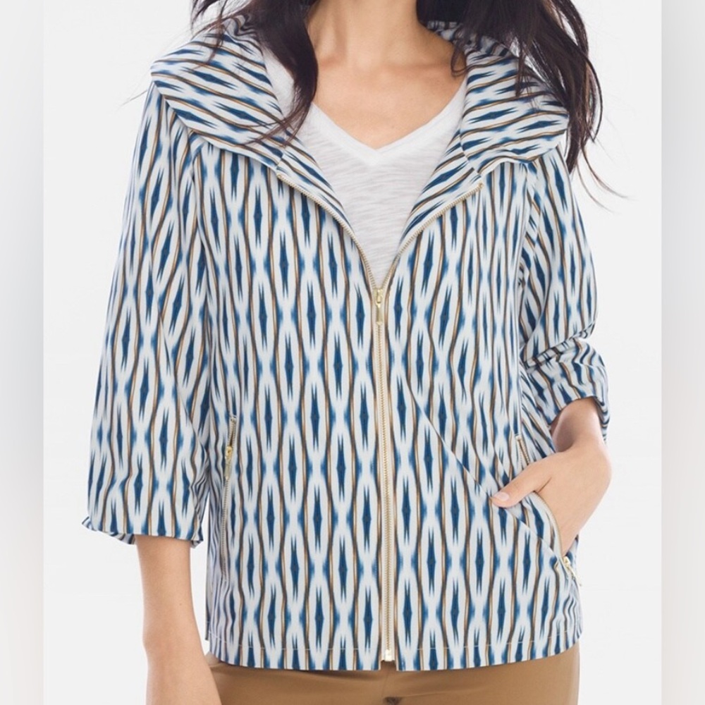 Chico’s Zenergy Ikat Jacket 3/4 Sleeves Gold Zipper Pockets Lined Women's Size 4